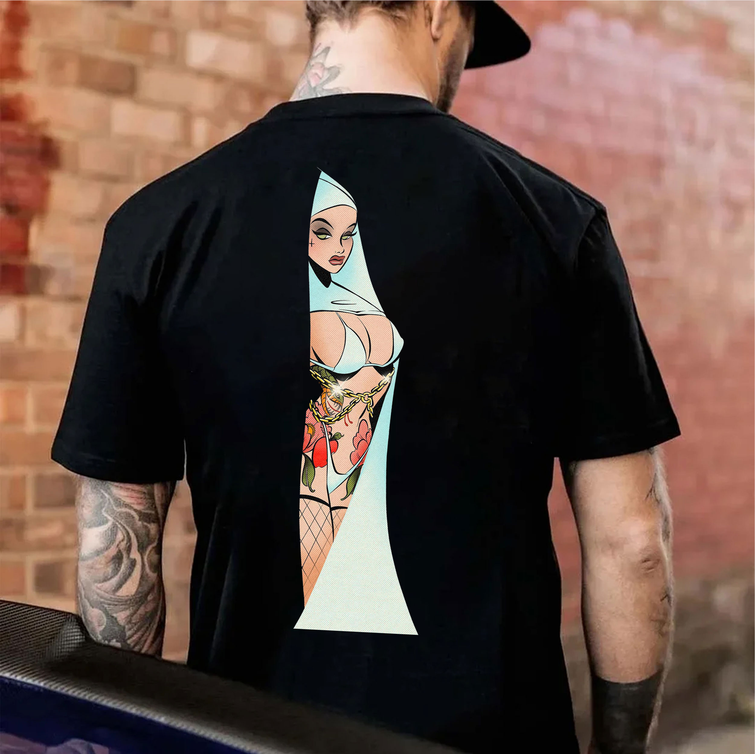 Sexy Nun Big Boobs with Tattoo Black Print T-shirt