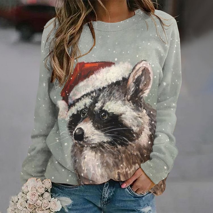 Comstylish Funny Santa Hat Raccoon Print Sweatshirt