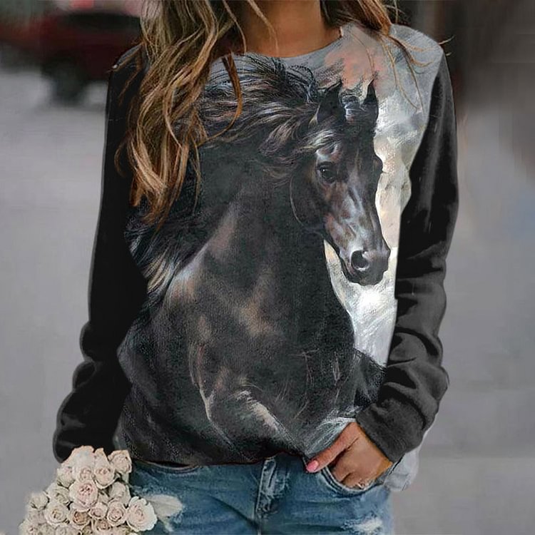 Vefave Casual Oil Painting Horse Print Sweatshirt