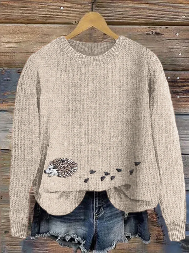 Hedgehog & Paw Prints Embroidered Cozy Knit Sweater