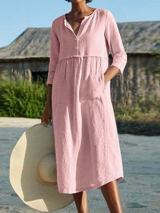 Women's Loose V-Neck Button Solid Color Linen Dress