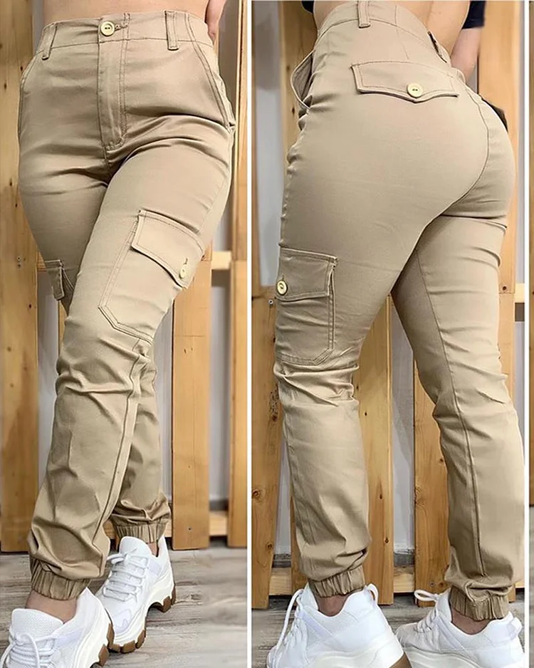 Buttoned Pockets Design Solid Casual Pants P10422