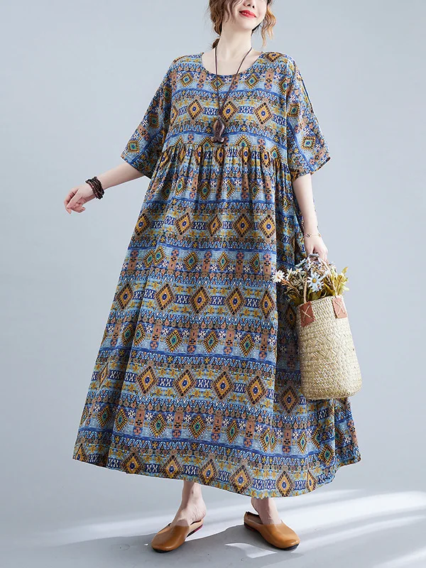 National Stamped Roomy Pleated Midi Dress