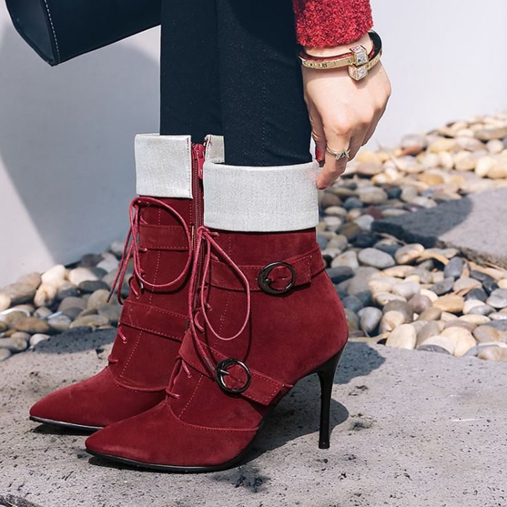 Burgundy Vintage Boots Pointed Toe Suede Buckle Stiletto Ankle Boots |FSJ Shoes