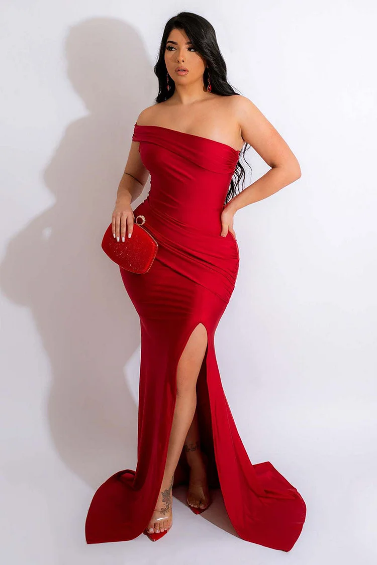 Asymmetric Shoulder Gown Slit Bodycon Prom Maxi Dresses