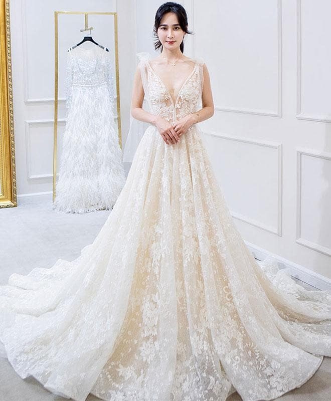 White V Neck Lace Long Prom Dress, White Lace Wedding Dress