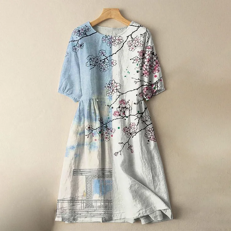 VChics Japanese Watercolor Floral Splicing Print Cotton Linen Blend Midi Dress