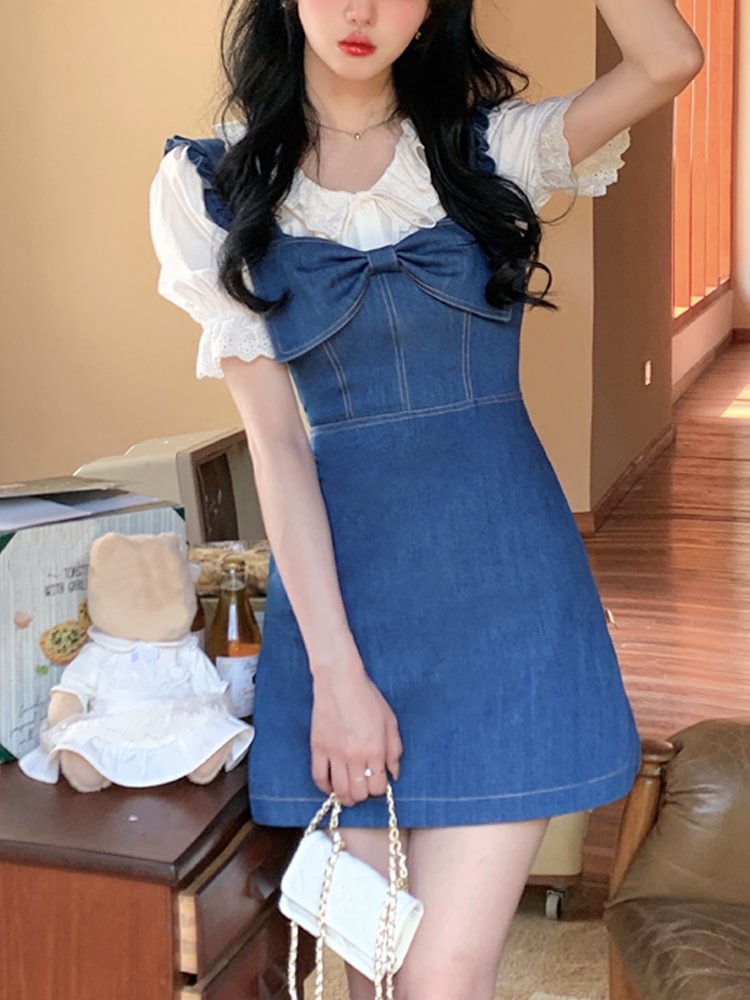 Y2k Mini Denim Dress + Casual Blouse Kawaii 2 Piece Dress Set PE047