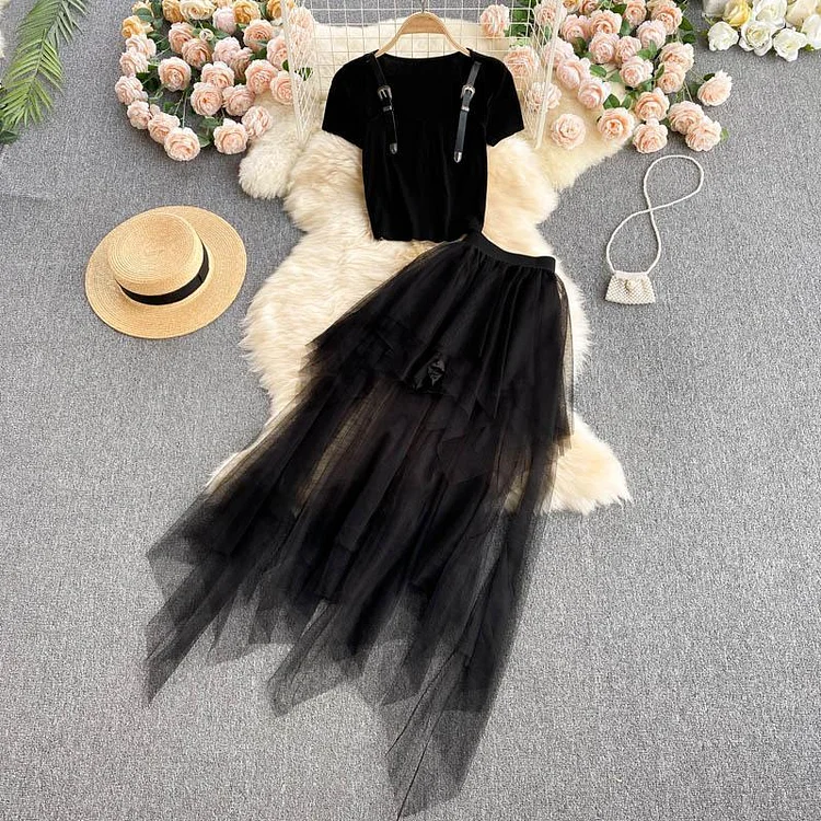 Short Sleeve Tee+Mesh Skirt P14784
