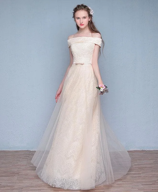 Champagne Tulle Lace Long Prom Dress, Champagne Evening Dress