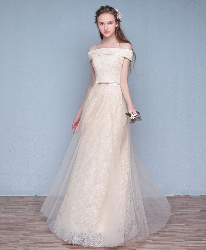 Champagne Tulle Lace Long Prom Dress, Champagne Evening Dress
