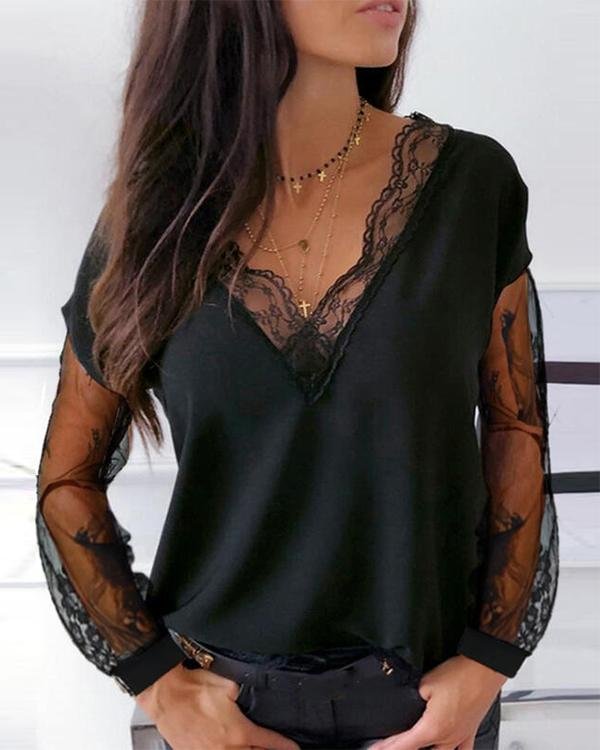Casual Solid Lace V Neck Loose Fit Blouses
