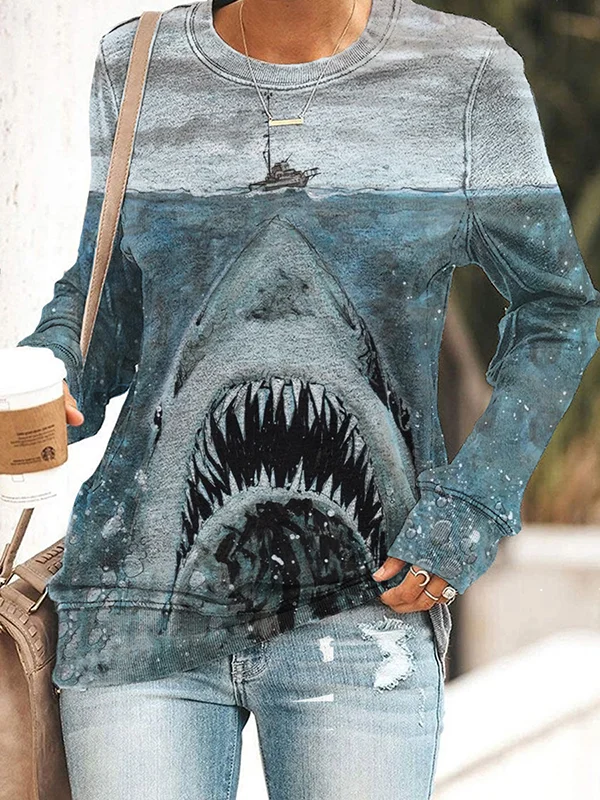 Women's Enormous Shark Full Of Fangs Art Print Slim Sweatshirt