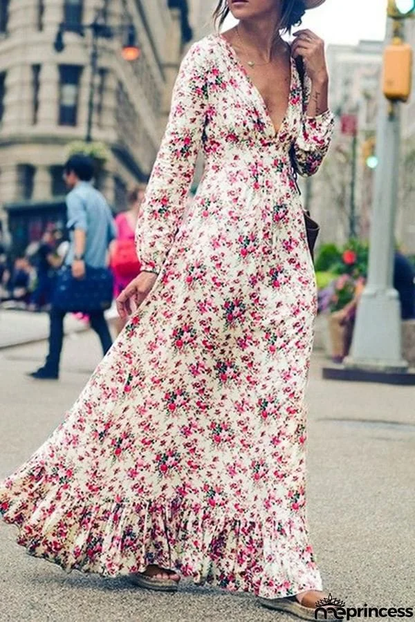 Multicolor Bohemian Floral Print Ruffle Deep V-neck Floor Length Boho Maxi Dress
