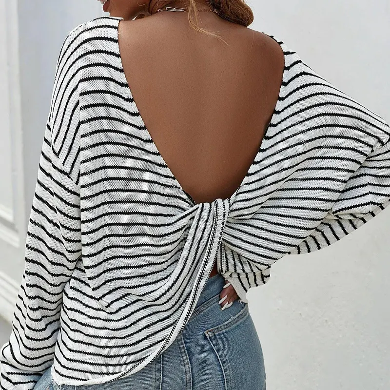 Women Striped Back Twist Deep V Long Sleeve Knit Top | 168DEAL