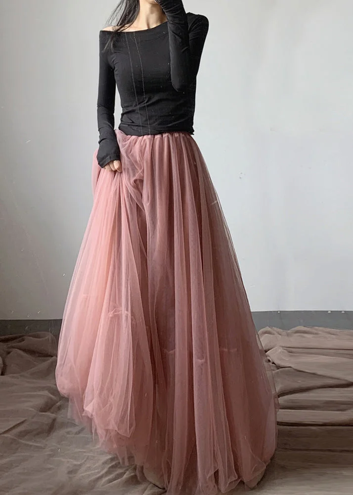 French Pink Asymmetrical wrinkled tulle Skirt 
