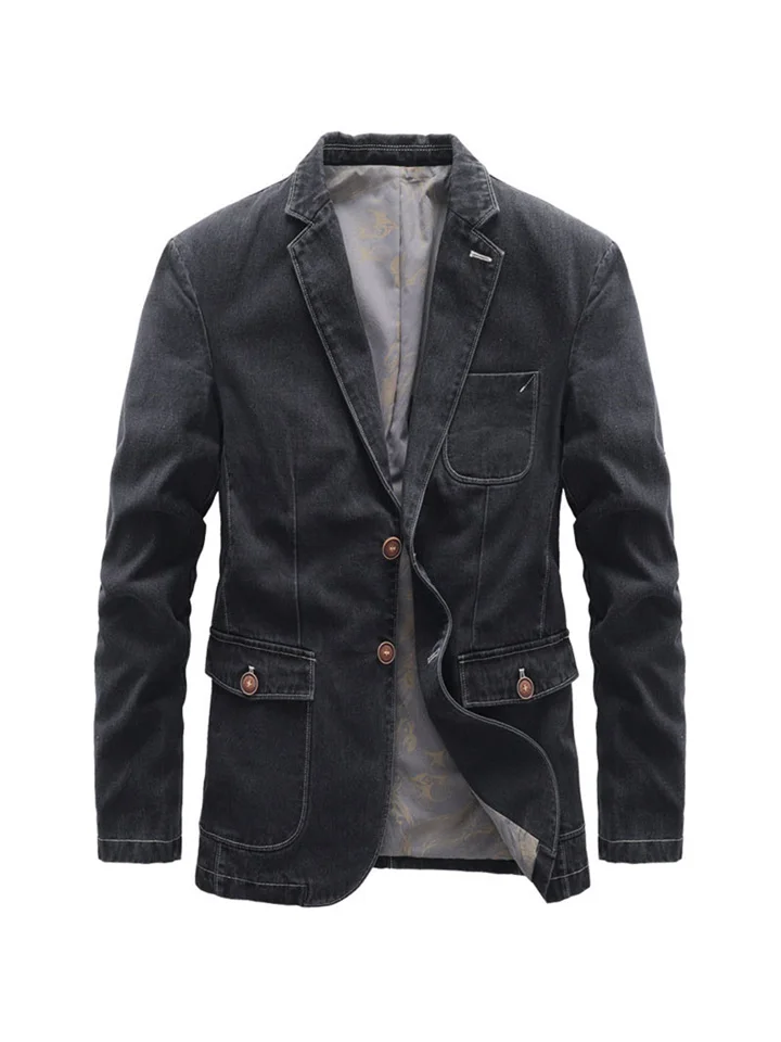 Men's Solid Color Suit Men Without Slits Cotton Single-breasted British Style Solid Color Denim Small Suit Casual Men's Lapel Long-sleeved Jacket-JRSEE