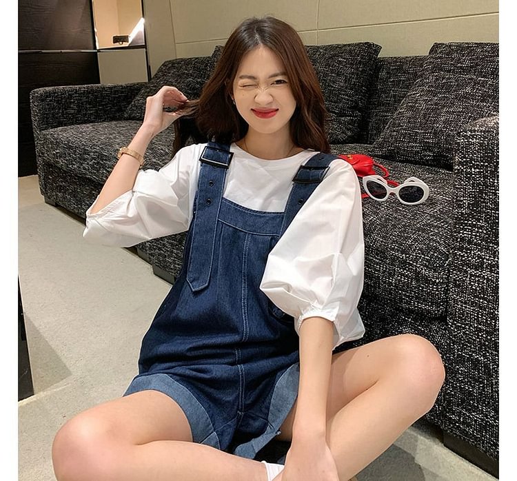 Set: Elbow Sleeve Plain Blouse + Denim Jumper Shorts YP3942