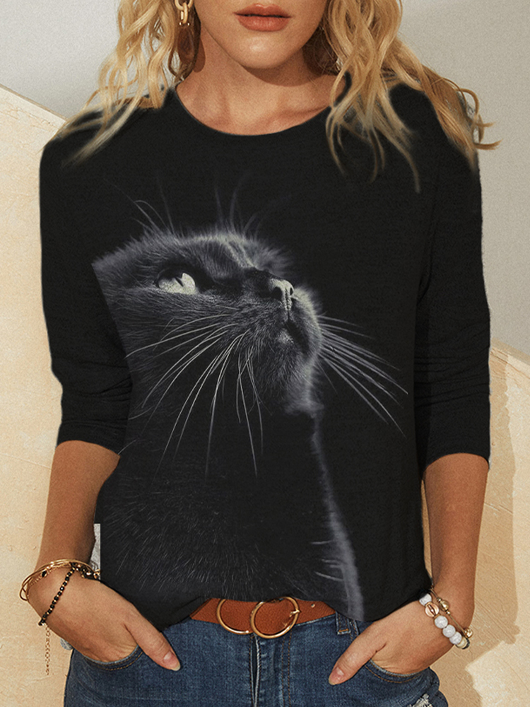Cat Print O neck Long Sleeve T shirt For Women P1787162