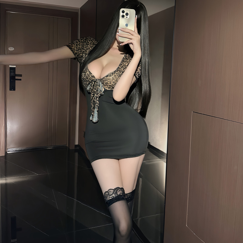 Lovingerie - Secretary Uniform Leopard Print Deep V Hip Skirt