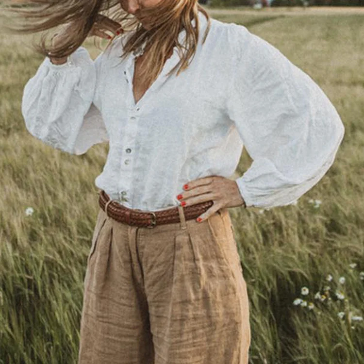 Solid Color Loose Retro Stand Collar Button Up Shirt