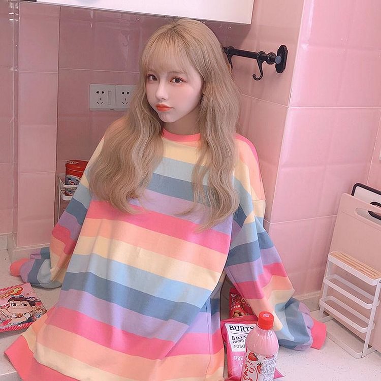 Harajuku Style Kpop Striped Loose Sweatshirt Women Spring Long Sleeve Pullover Kawaii Clothes Colorful Rainbow Student Girl Tops - BlackFridayBuys