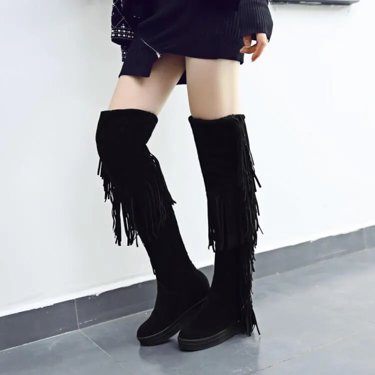VCSHOES Flat Fringe Suede Knee High Boots