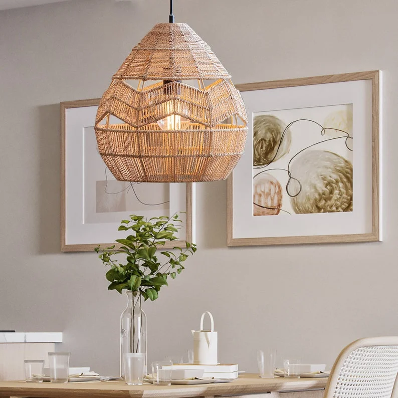 Boho Vintage Rattan Lampshade Pendant Light For Living Room