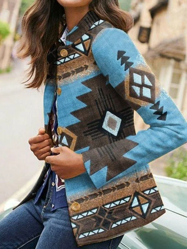 Vintage Daily Printed Tribal Stand Collar Long Sleeve Blazers Coats Outwear