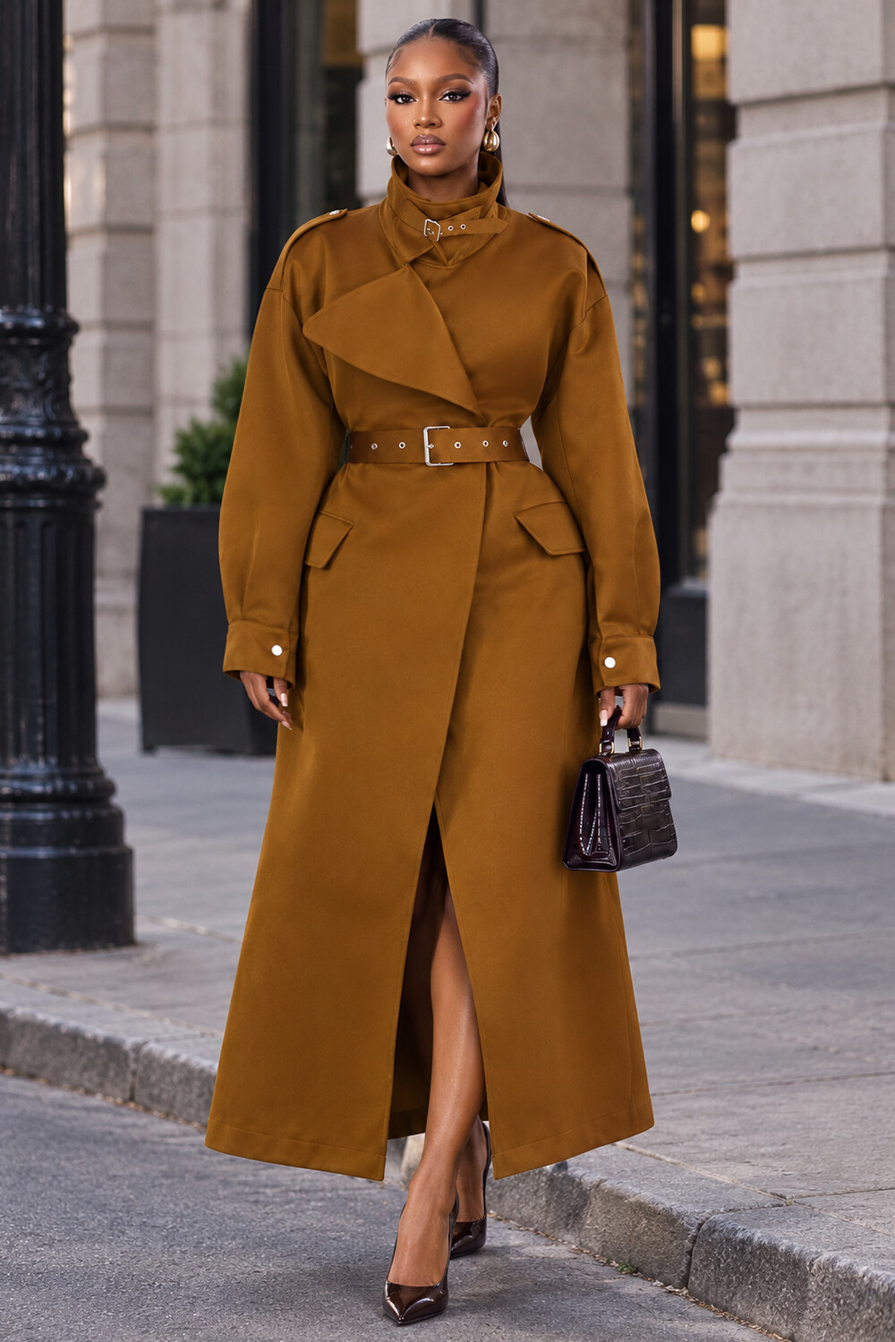 Solid Color Stand Collar Button Cuffs Long Trench Coat-Camel [Pre