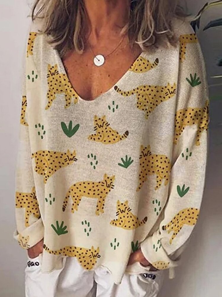 Cartoon Tiger Print Long Sleeve V neck Casual Blouse For Women P1738582