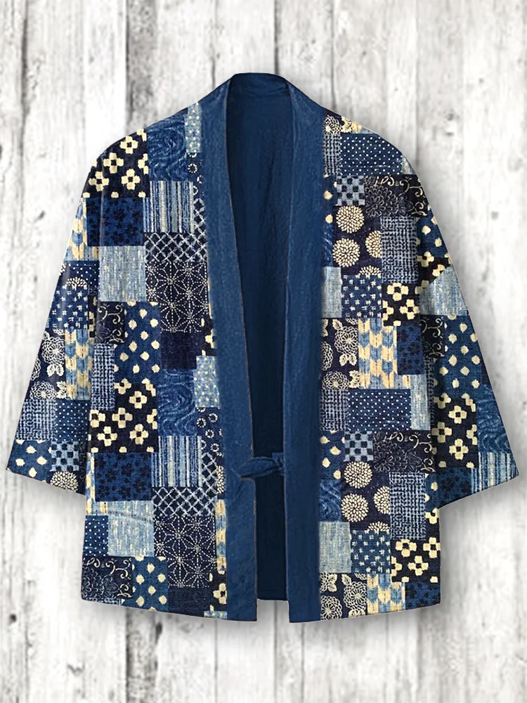 Comstylish Vintage Japanese Art Patchwork Cozy Linen Blend Kimono Cardigan