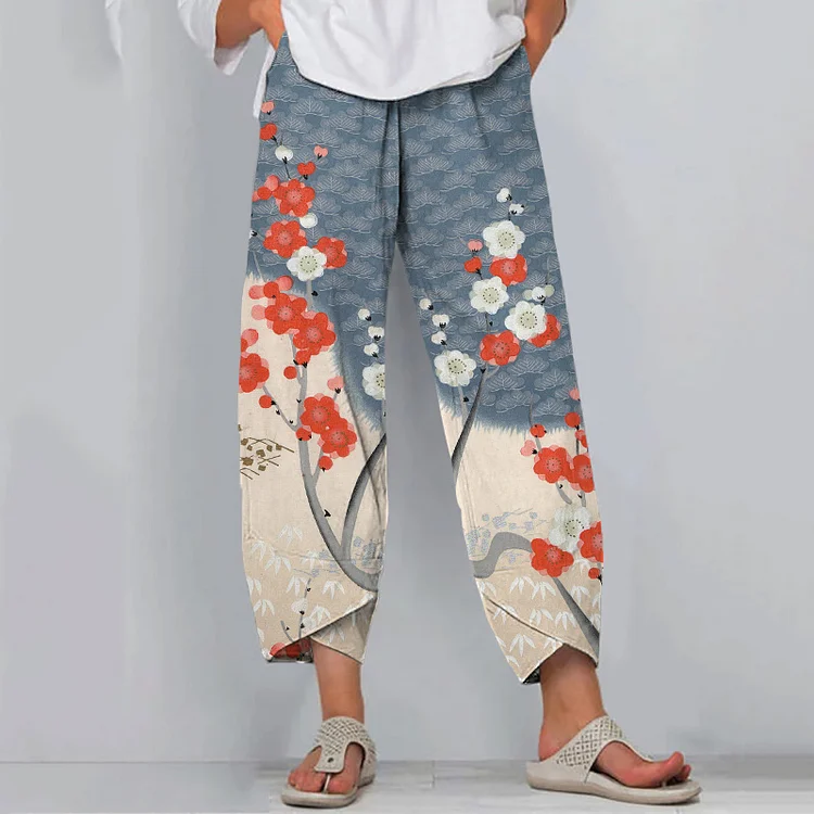 Comstylish Japanese Art Cherry Blossom Print Casual Pants