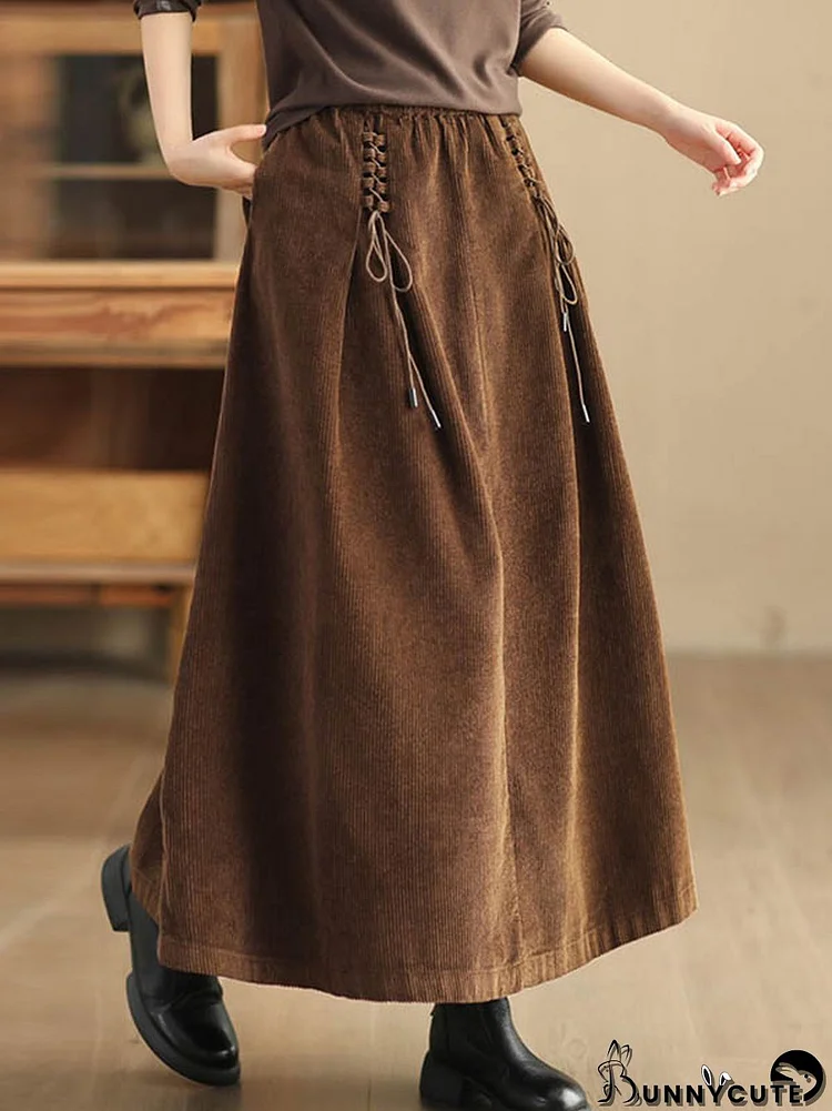 A-Line Loose Elasticity Solid Color Tied Velvet Skirts Bottoms