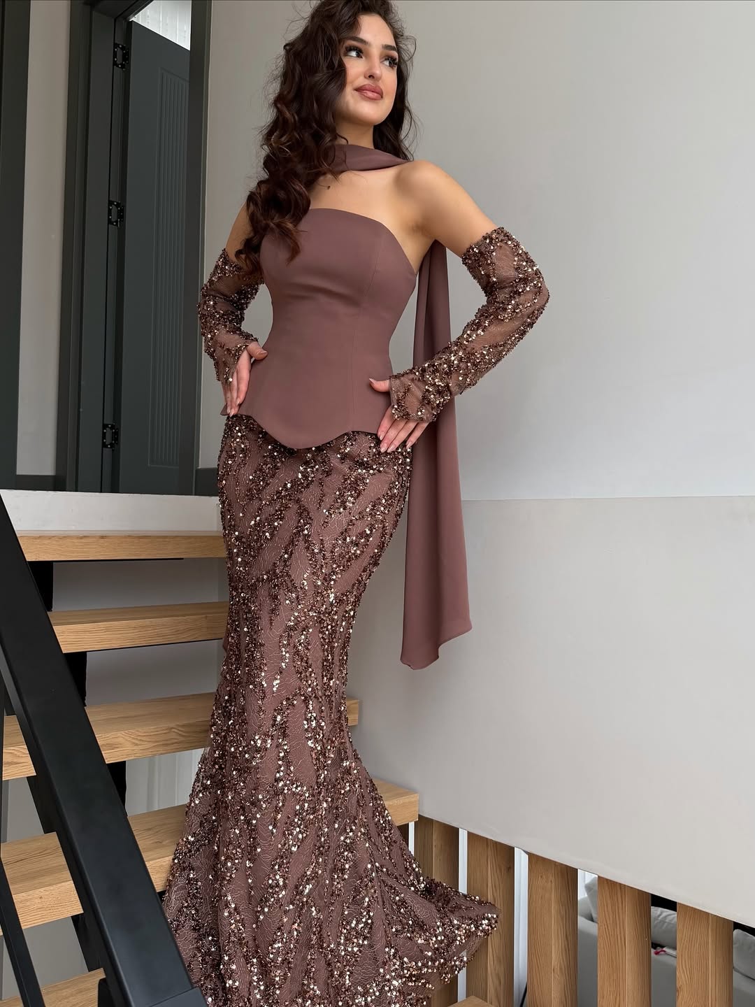 Elegant Brown Straight Across Sequins Mermaid Prom Dress With Scarf YK0664