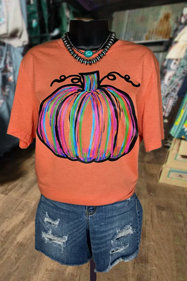 Colorful Pumpkin Print Short Sleeve Tee