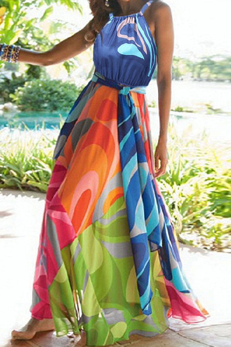Fashion Street Print Split Joint Halter A Line Dresses - Life is Beautiful for You - SheChoic