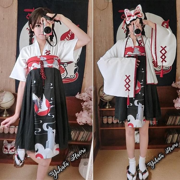 Black White Crane Print Sweet Yukata Haori Cosplay Kimono SS1063