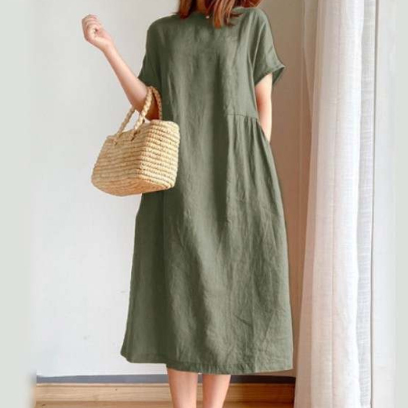 Pure Color Pocket Round Collar Casual Dress