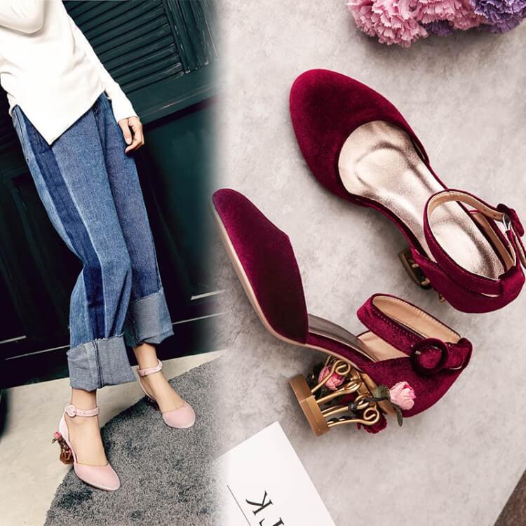 VCSHOES Seude Buckle Special Shaped Heel Sandals