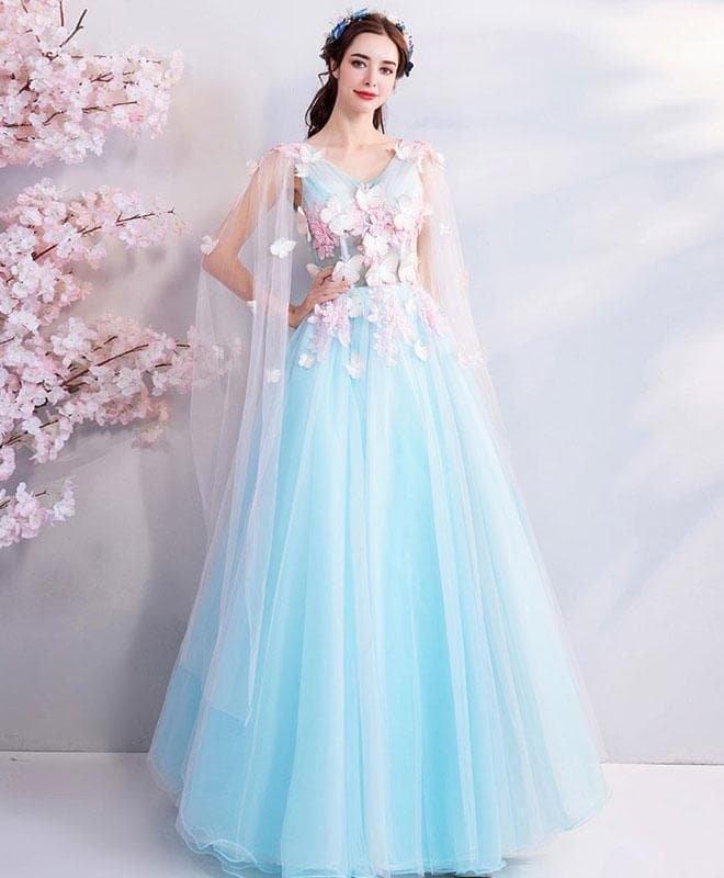 Blue V Neck Tulle Long Prom Dress, Blue Tulle Evening Dress