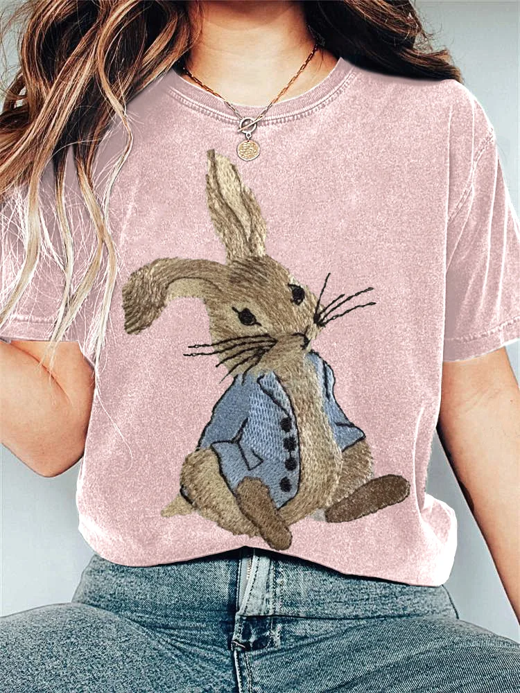 Comstylish Cute Bunny Embroidery Pattern Casual T-Shirt