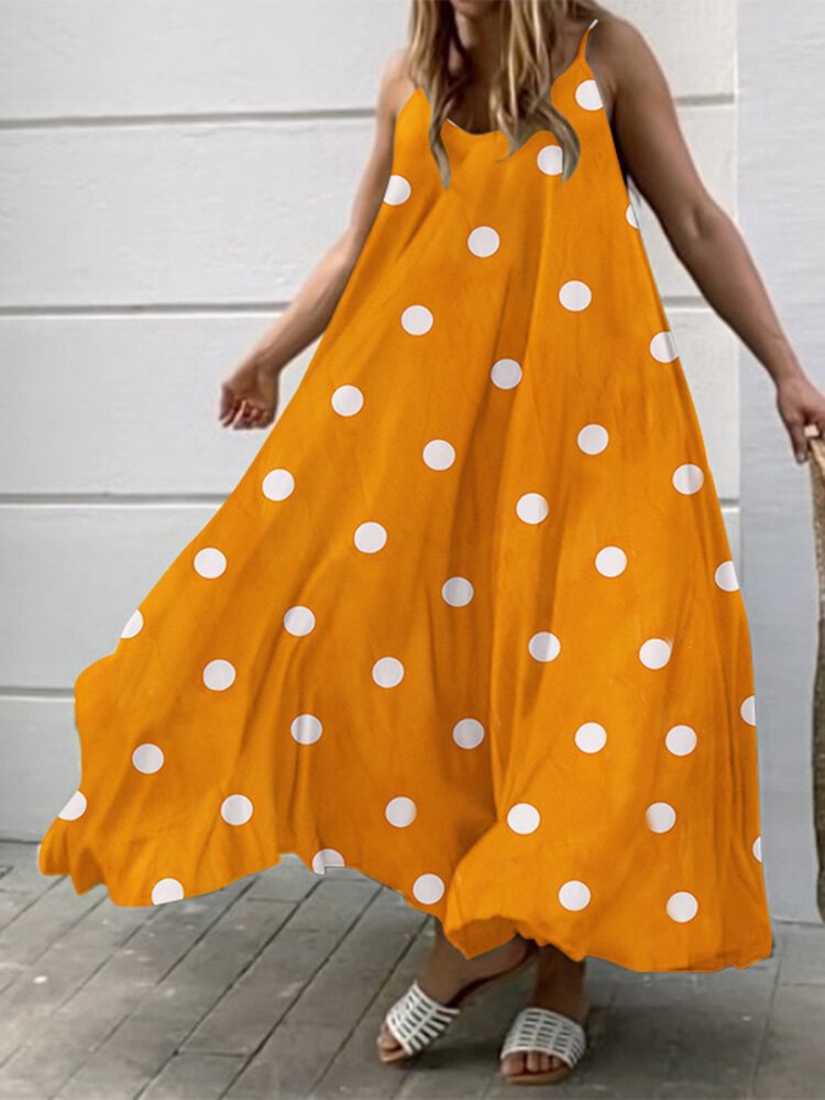 Polka Dot Adjustable Strap Sleeveless Backless Maxi Dress