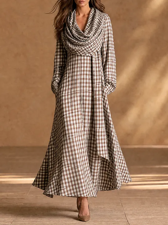 Women's Detachable Scarf Two Piece Vintage Plaid Cotton Lantern Sleeve Maxi Dress MD