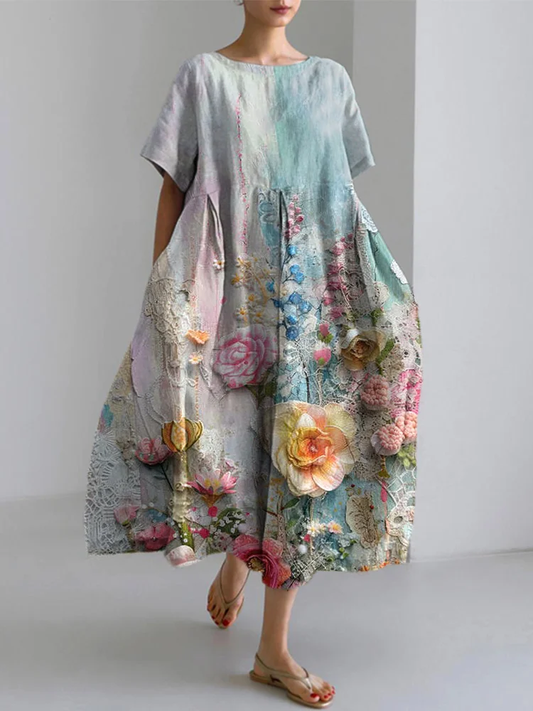 Comstylish Vintage Floral Print Linen Blend Dress