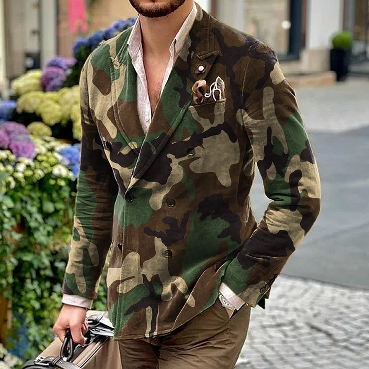 Men's Fashion Camouflage Print Peak Lapel Double Breasted Blazer