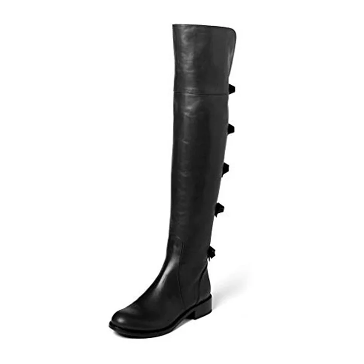 Black Round Toe Zipper Boot Classic Block Heel Bow Shoes Vintage Thigh Boots |FSJ Shoes