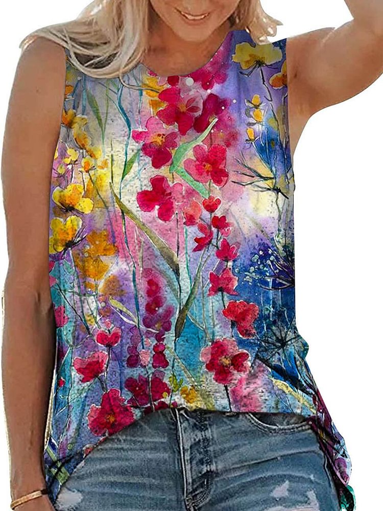 Bestdealfriday Colorful Flower Graphic Round Neck Short Sleeve Loose Vest