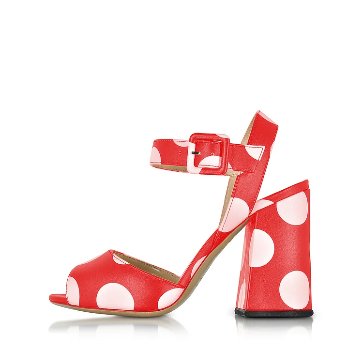 Polka Dot Red Block Heel Peep Toe Chunky Sandals Vdcoo