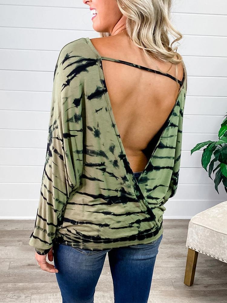Backless Tie-Dye Striped Long Sleeve T-Shirt
